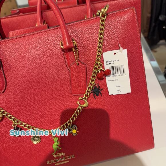 NWT Bundle Coach Maggie Tote Bag Leather CY666 Gold/True Red & Long Charm Chain - Picture 3 of 16